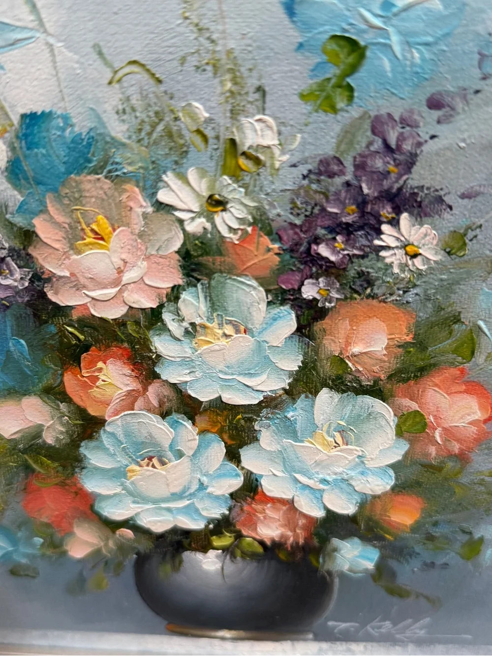 Vintage T Kelly Original Oil Painting Bouquet Wall Art - Blue Orange and Cream